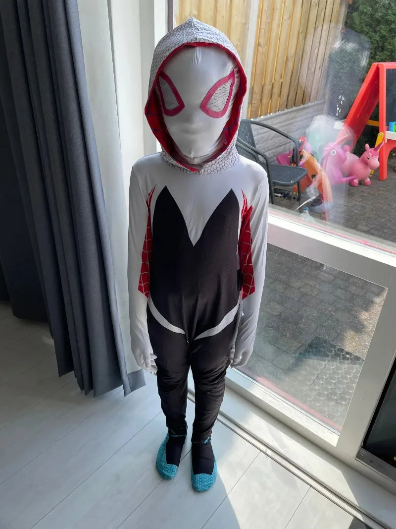 "Fantasia da Spider Gwen para Meninas Gwendolyn Maxine Stacy Zentai Suit Spidergirl Cosplay Fantasias de Halloween para Meninas". Prepare-se para se transformar na própria Spider Gwen e arrasar no Halloween! 🎃👻🕷️