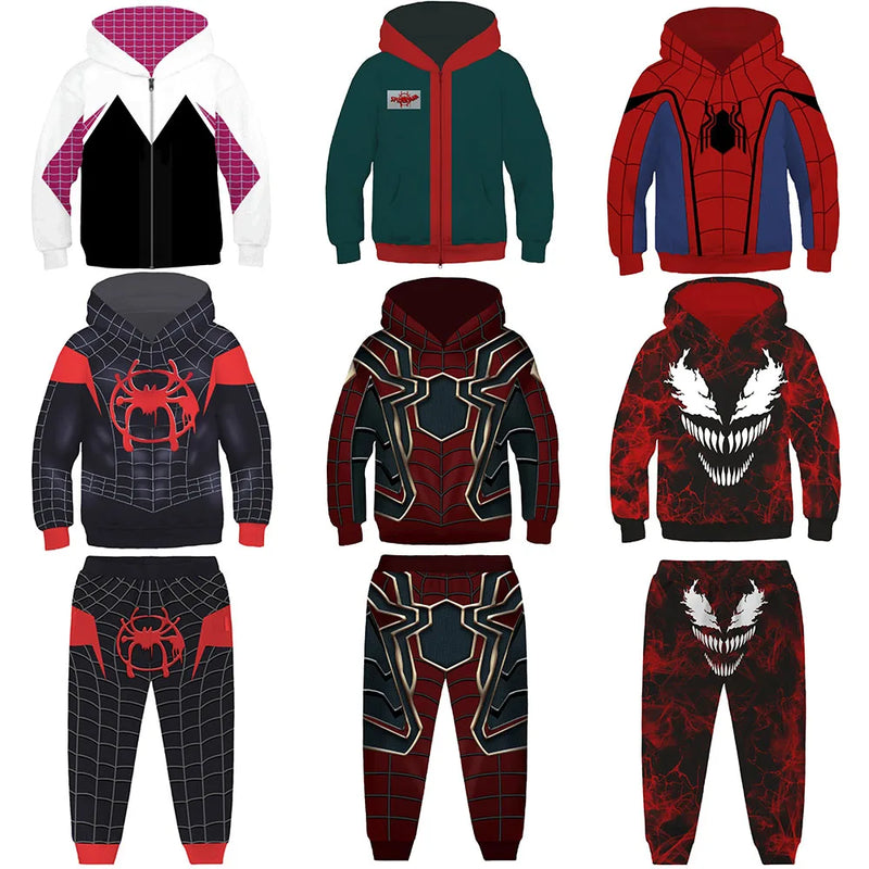 Homem-Aranha Gwen Miles Morales Moletom com Zíper Capuz Spider-Verse Venom Moletom com Capuz 3D Super-Heróis Meninos Meninas Jaqueta Calça de Roupa Exterior