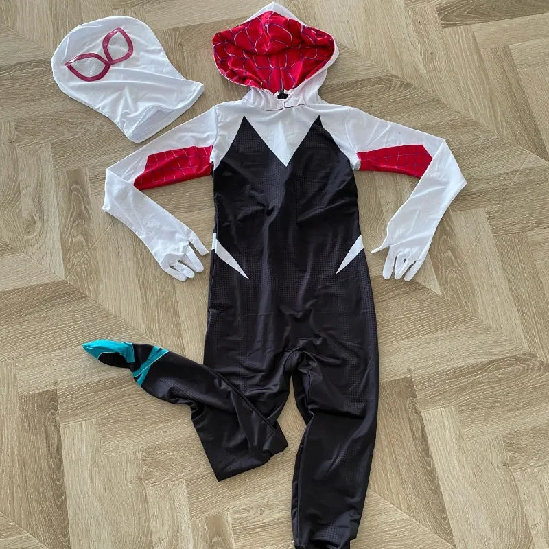 "Fantasia da Spider Gwen para Meninas Gwendolyn Maxine Stacy Zentai Suit Spidergirl Cosplay Fantasias de Halloween para Meninas". Prepare-se para se transformar na própria Spider Gwen e arrasar no Halloween! 🎃👻🕷️