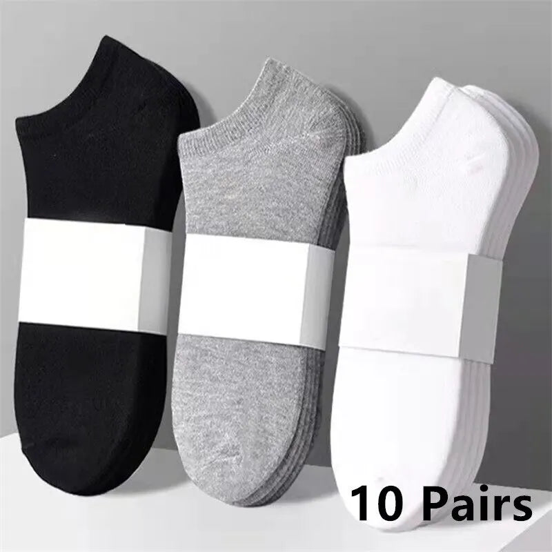 10 Pares de Meias de Barco de Poliéster para Homens Novo Estilo Preto Branco Cinza Meias de Negócios Masculinas Macias Respiráveis de Verão