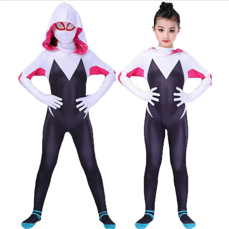 "Fantasia da Spider Gwen para Meninas Gwendolyn Maxine Stacy Zentai Suit Spidergirl Cosplay Fantasias de Halloween para Meninas". Prepare-se para se transformar na própria Spider Gwen e arrasar no Halloween! 🎃👻🕷️