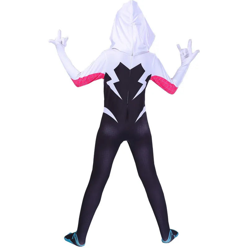 "Fantasia da Spider Gwen para Meninas Gwendolyn Maxine Stacy Zentai Suit Spidergirl Cosplay Fantasias de Halloween para Meninas". Prepare-se para se transformar na própria Spider Gwen e arrasar no Halloween! 🎃👻🕷️